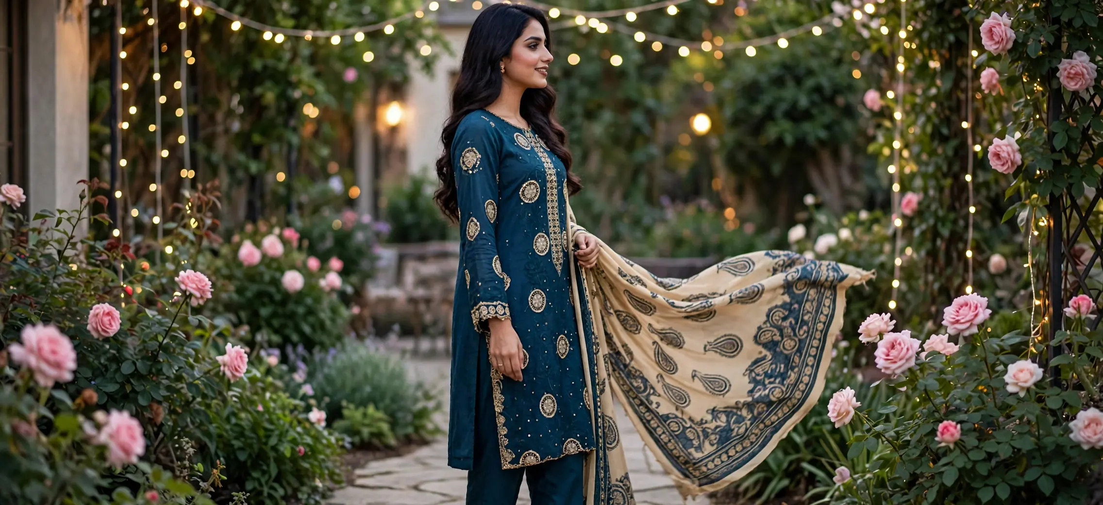 Urwa Collection 3Piece Linen Suit 3PC Embroidered Dhanak Linen Suit - Dark Teal Blue with Gold Circular Sequence Embroidery and Beige Paisley Printed Dhanak Dupatta