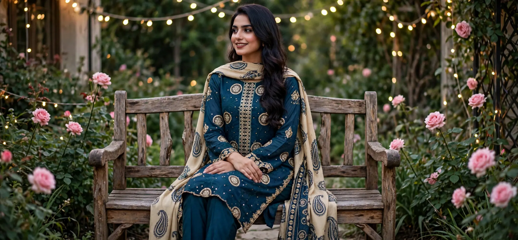 Urwa Collection 3Piece Linen Suit 3PC Embroidered Dhanak Linen Suit - Dark Teal Blue with Gold Circular Sequence Embroidery and Beige Paisley Printed Dhanak Dupatta