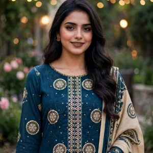 urwa-collection-dark-teal-blue-gold-circular-dhanak-suit Urwa Collection 3Piece Linen Suit 3PC Embroidered Dhanak Linen Suit - Dark Teal Blue with Gold Circular Sequence Embroidery and Beige Paisley Printed Dhanak Dupatta