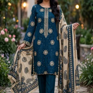 Urwa Collection 3Piece Linen Suit 3PC Embroidered Dhanak Linen Suit - Dark Teal Blue with Gold Circular Sequence Embroidery and Beige Paisley Printed Dhanak Dupatta
