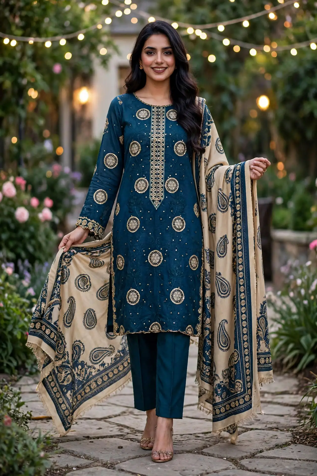 Urwa Collection 3Piece Linen Suit 3PC Embroidered Dhanak Linen Suit - Dark Teal Blue with Gold Circular Sequence Embroidery and Beige Paisley Printed Dhanak Dupatta