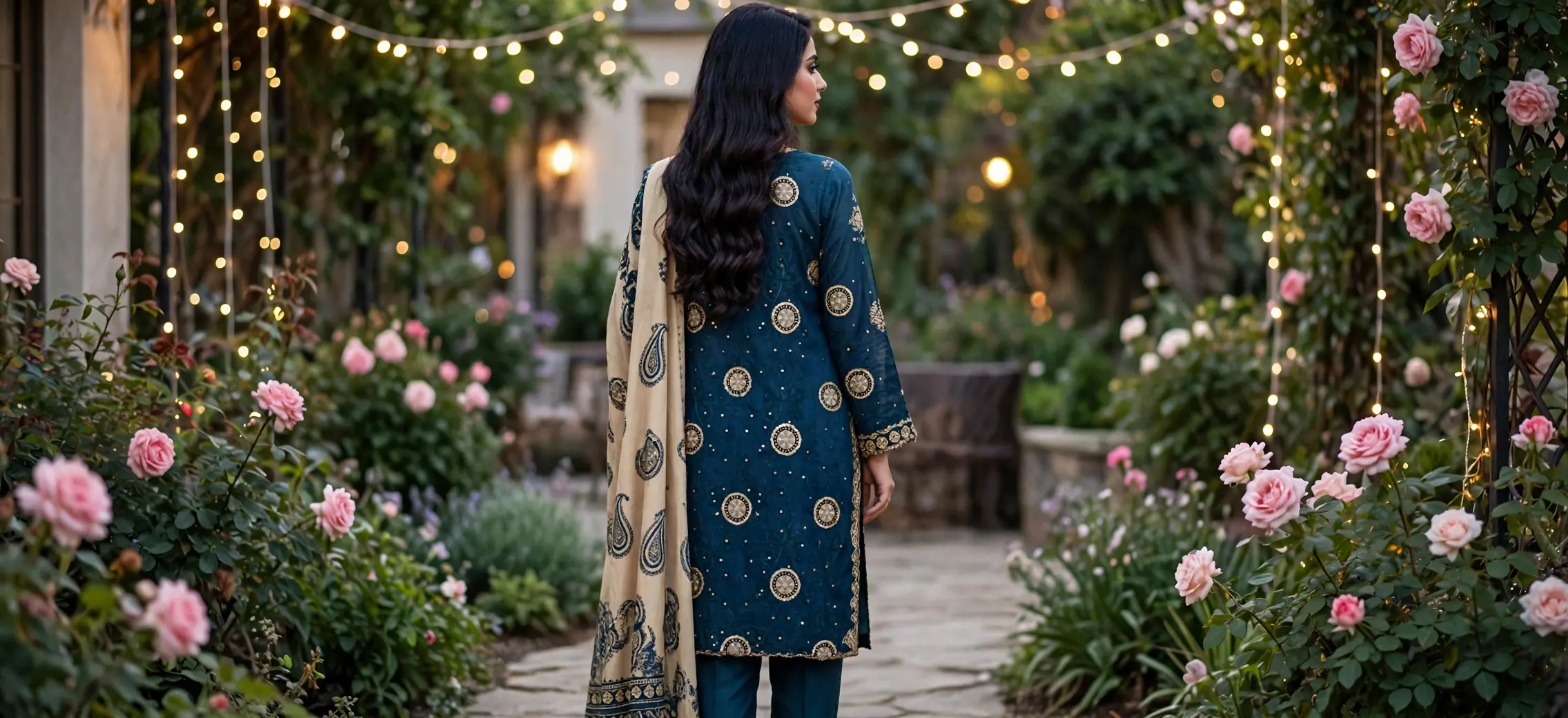 Urwa Collection 3Piece Linen Suit 3PC Embroidered Dhanak Linen Suit - Dark Teal Blue with Gold Circular Sequence Embroidery and Beige Paisley Printed Dhanak Dupatta