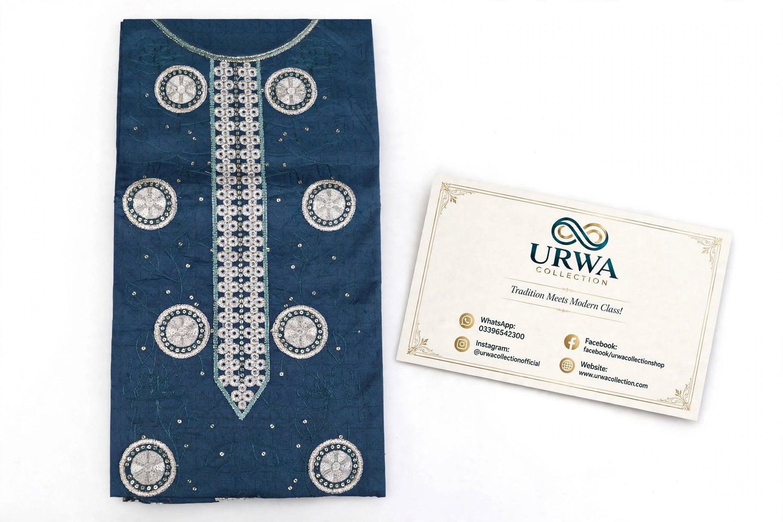 Urwa Collection 3Piece Linen Suit 3PC Embroidered Dhanak Linen Suit - Dark Teal Blue with Gold Circular Sequence Embroidery and Beige Paisley Printed Dhanak Dupatta