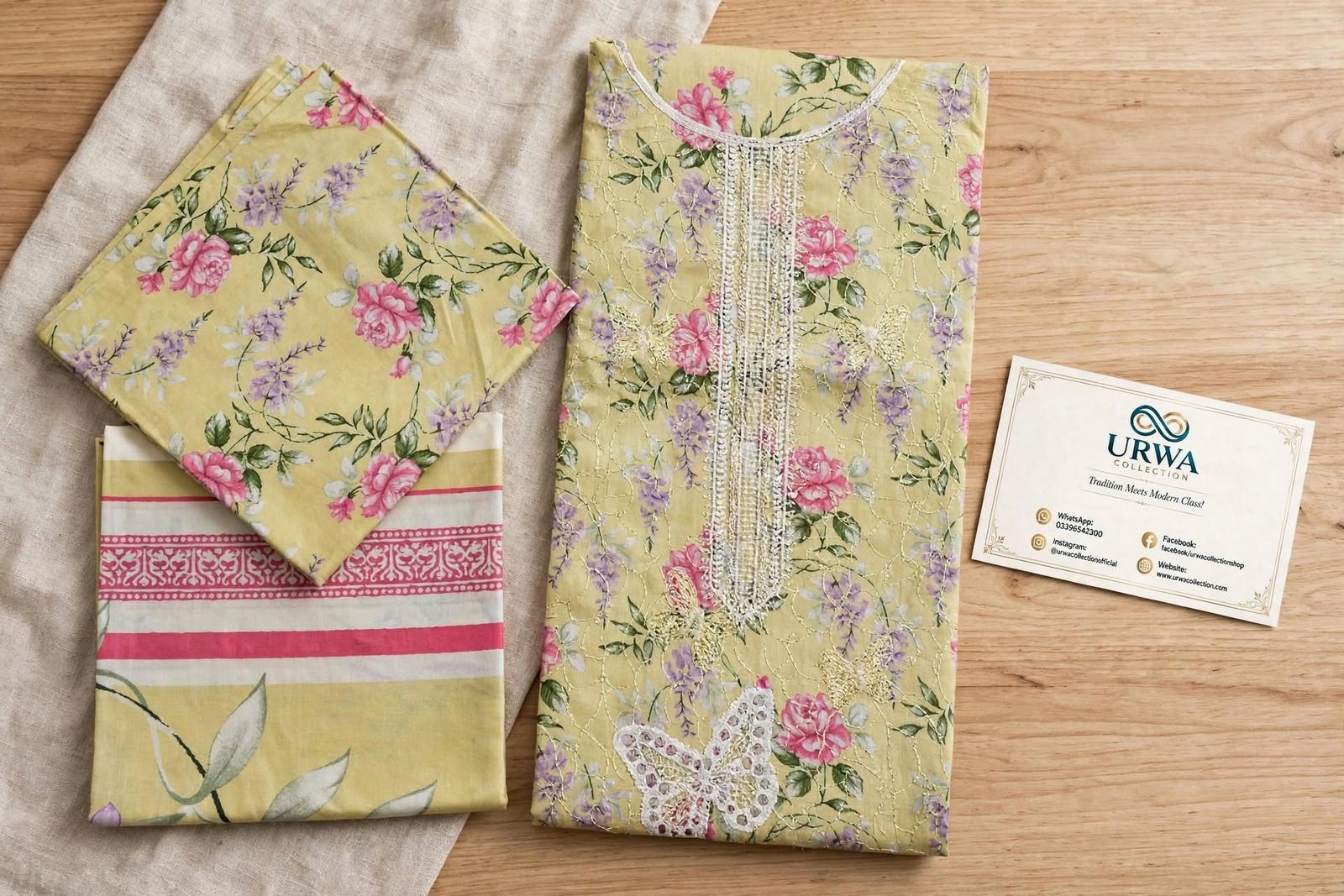 Urwa Collection 3piece Linen Suit 3PC Embroidered Digital Printed Linen Suit - Light Yellow Pink Floral with White Butterfly Lace Embroidery and White Sequin Neckline and Striped Linen Dupatta