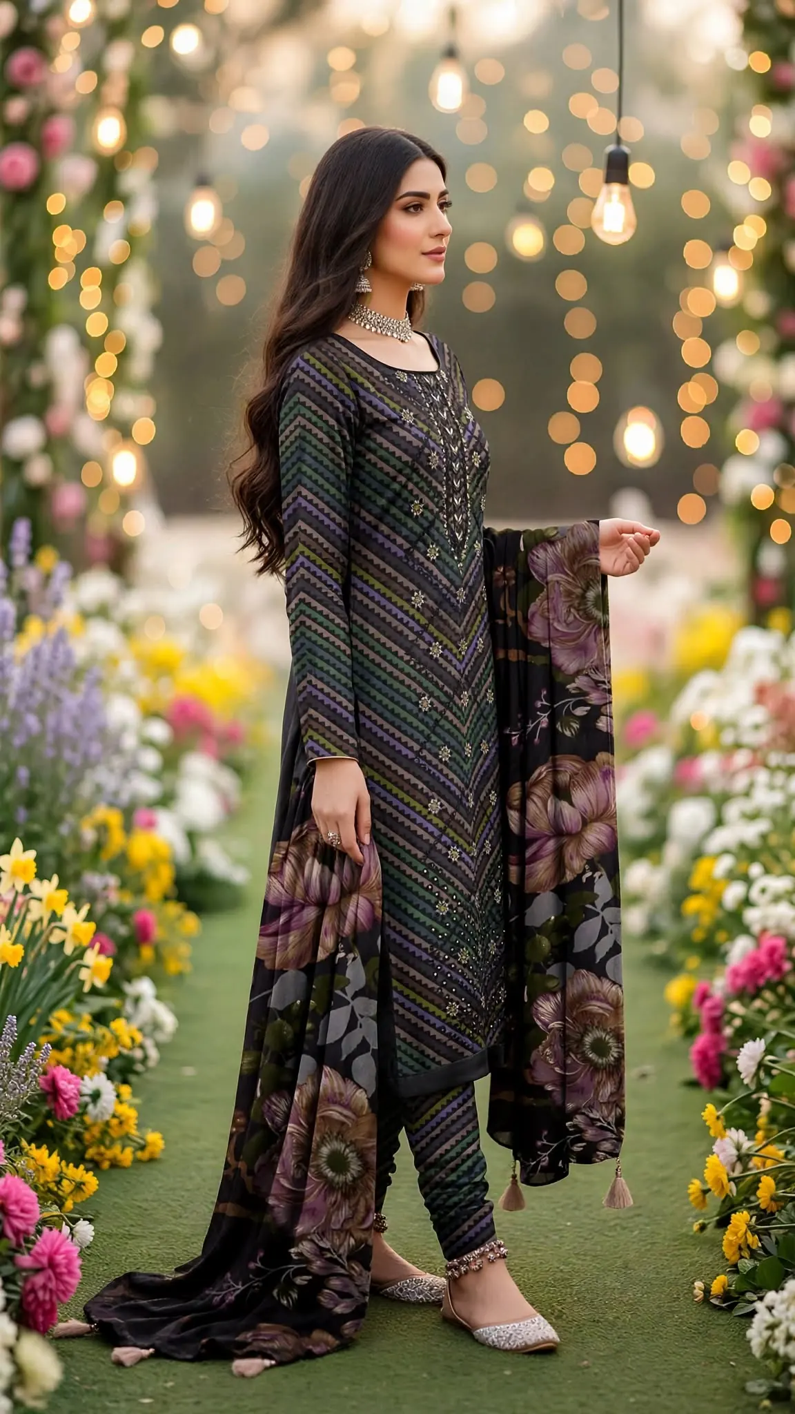 Urwa Collection 3Piece Linen Suit Embroidered Digital Printed Linen Suit - Black Multicolor Chevron Zigzag with Sequin Embroidery and Big Brown Floral Printed Linen Dupatta