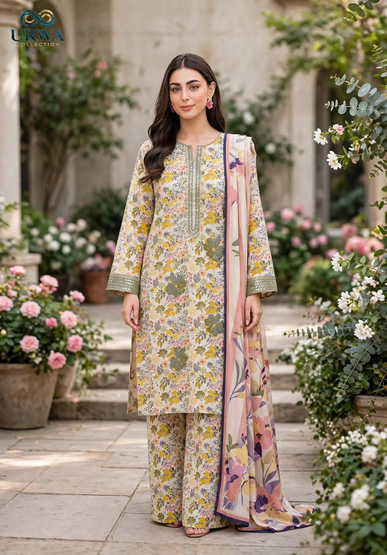 Urwa Collection 3Piece Linen Suit Embroidered Digital Printed Linen Suit for Women - Cream Yellow Multi Floral Print with Sequin Embroidered Neckline and Linen Dupatta