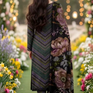 Urwa Collection 3Piece Linen Suit Embroidered Digital Printed Linen Suit - Black Multicolor Chevron Zigzag with Sequin Embroidery and Big Brown Floral Printed Linen Dupatta