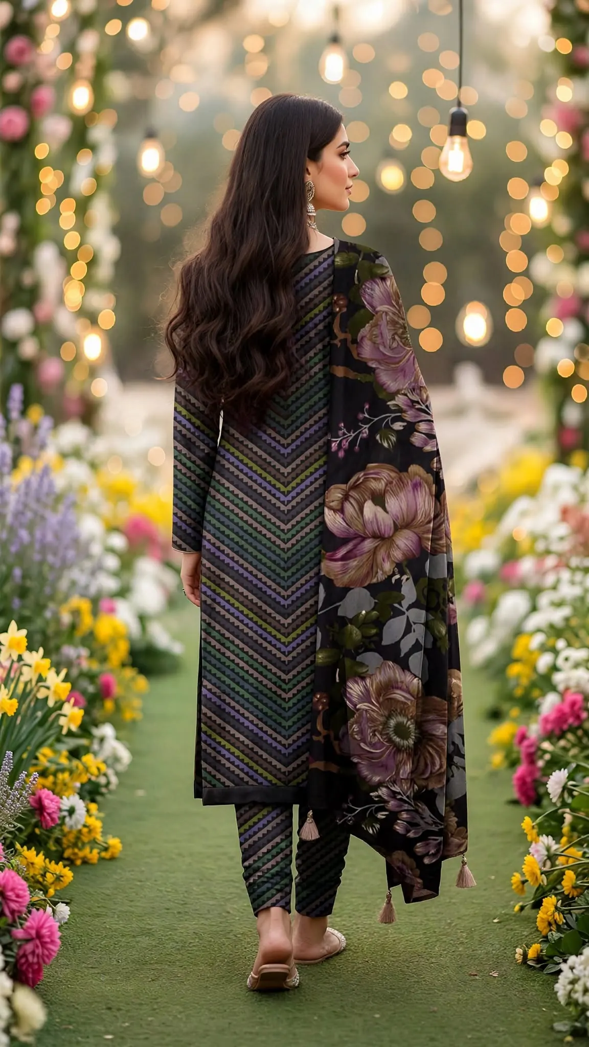 Urwa Collection 3Piece Linen Suit Embroidered Digital Printed Linen Suit - Black Multicolor Chevron Zigzag with Sequin Embroidery and Big Brown Floral Printed Linen Dupatta