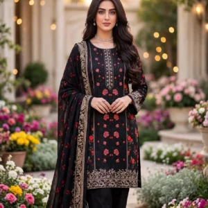 Urwa Collection 3Piece Linen Suit Embroidered Digital Printed Linen Suit for Women - Black Red Floral Rose Print with Gold Sequin Embroidered Neckline and Paisley Border Linen Dupatta