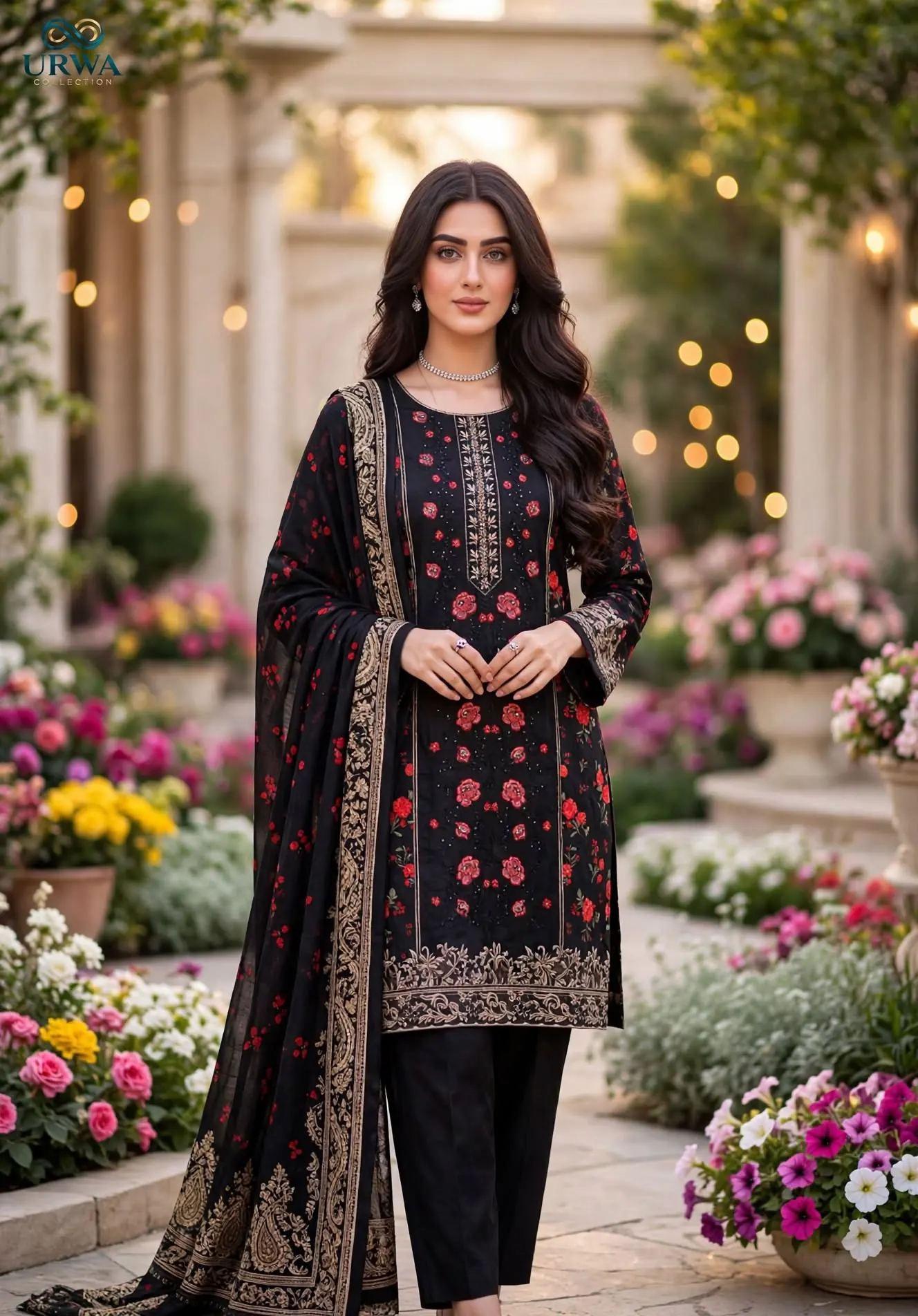 Urwa Collection 3Piece Linen Suit Embroidered Digital Printed Linen Suit for Women - Black Red Floral Rose Print with Gold Sequin Embroidered Neckline and Paisley Border Linen Dupatta
