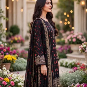 urwa-collection-3pc-linen-suit-black-red-floral-sequin-embroidered-side-view-garden-flowers Urwa Collection 3Piece Linen Suit Embroidered Digital Printed Linen Suit for Women - Black Red Floral Rose Print with Gold Sequin Embroidered Neckline and Paisley Border Linen Dupatta
