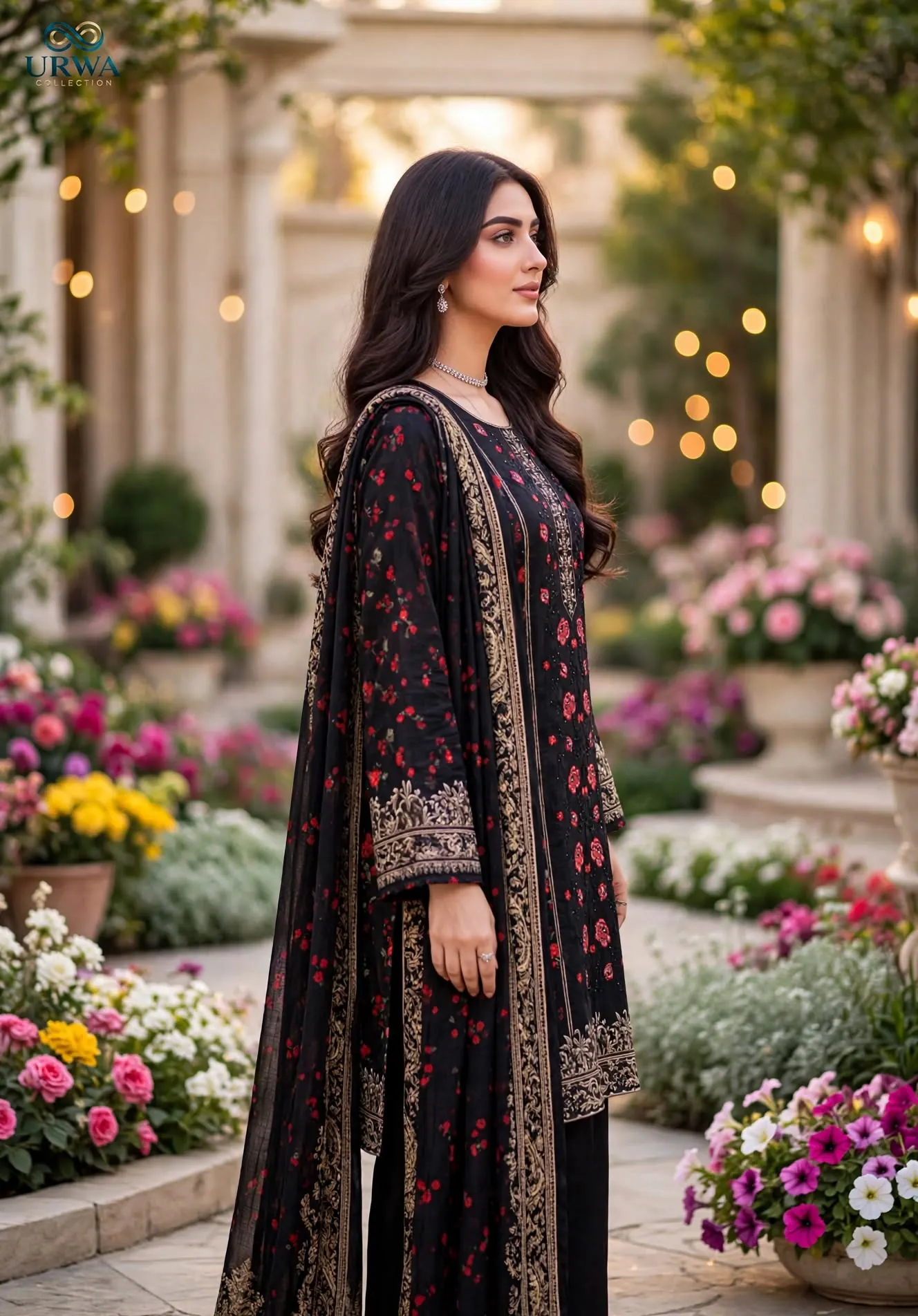 Urwa Collection 3Piece Linen Suit Embroidered Digital Printed Linen Suit for Women - Black Red Floral Rose Print with Gold Sequin Embroidered Neckline and Paisley Border Linen Dupatta