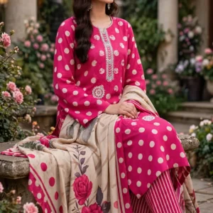 urwa-collection-3pc-linen-suit-hot-pink-white-polka-dot-floral-dupatta-sitting-full-view Urwa Collection 3Piece Linen Suit Embroidered Digital Printed Linen Suit for Women - Pink Multi Floral Print with Sequin Embroidered Neckline and Linen Dupatta