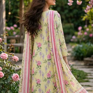 Urwa Collection 3piece Linen Suit 3PC Embroidered Digital Printed Linen Suit - Light Yellow Pink Floral with White Butterfly Lace Embroidery and White Sequin Neckline and Striped Linen Dupatta