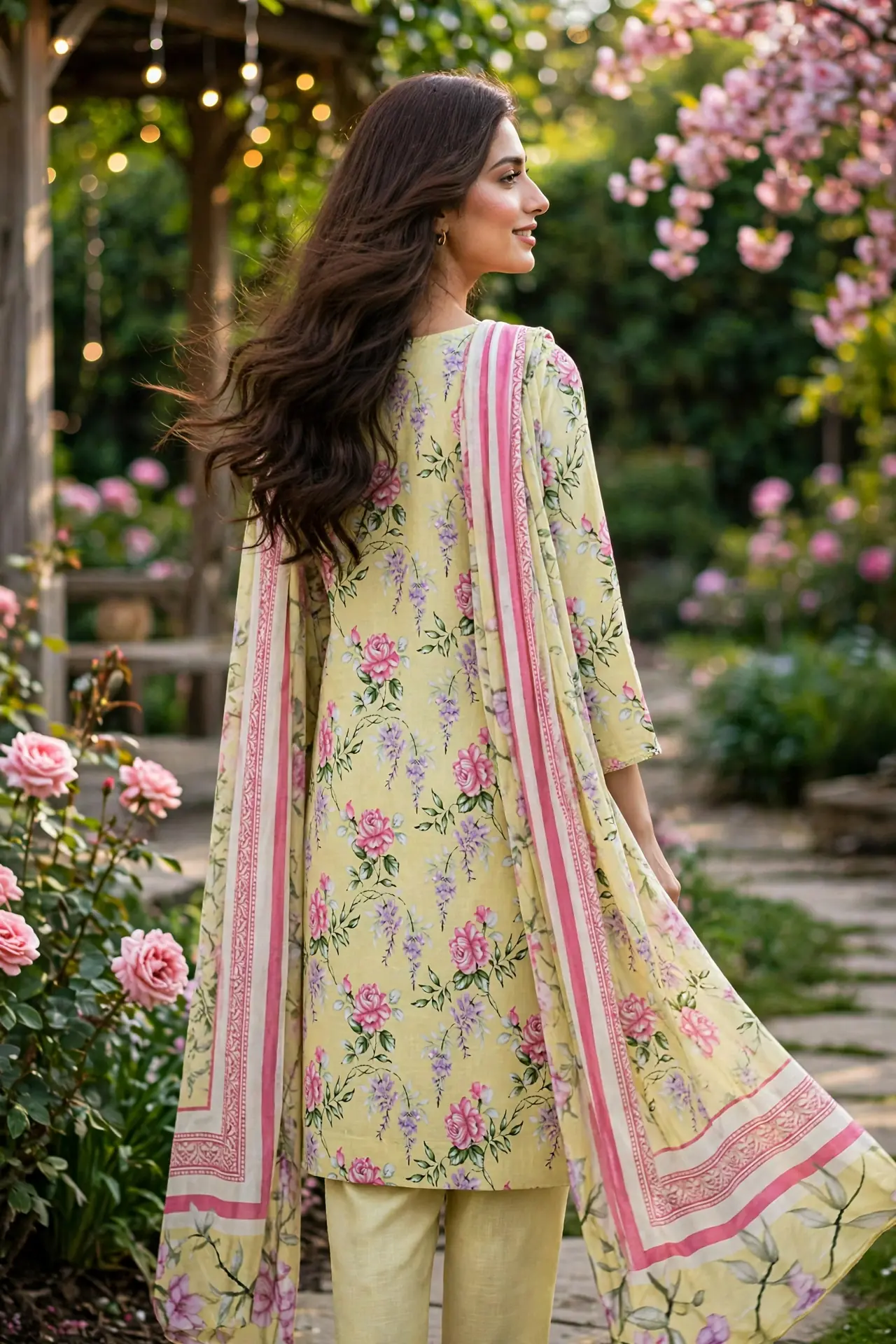 Urwa Collection 3piece Linen Suit 3PC Embroidered Digital Printed Linen Suit - Light Yellow Pink Floral with White Butterfly Lace Embroidery and White Sequin Neckline and Striped Linen Dupatta