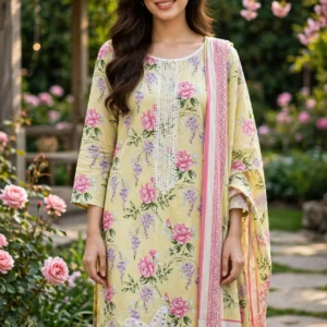 Urwa Collection 3piece Linen Suit 3PC Embroidered Digital Printed Linen Suit - Light Yellow Pink Floral with White Butterfly Lace Embroidery and White Sequin Neckline and Striped Linen Dupatta