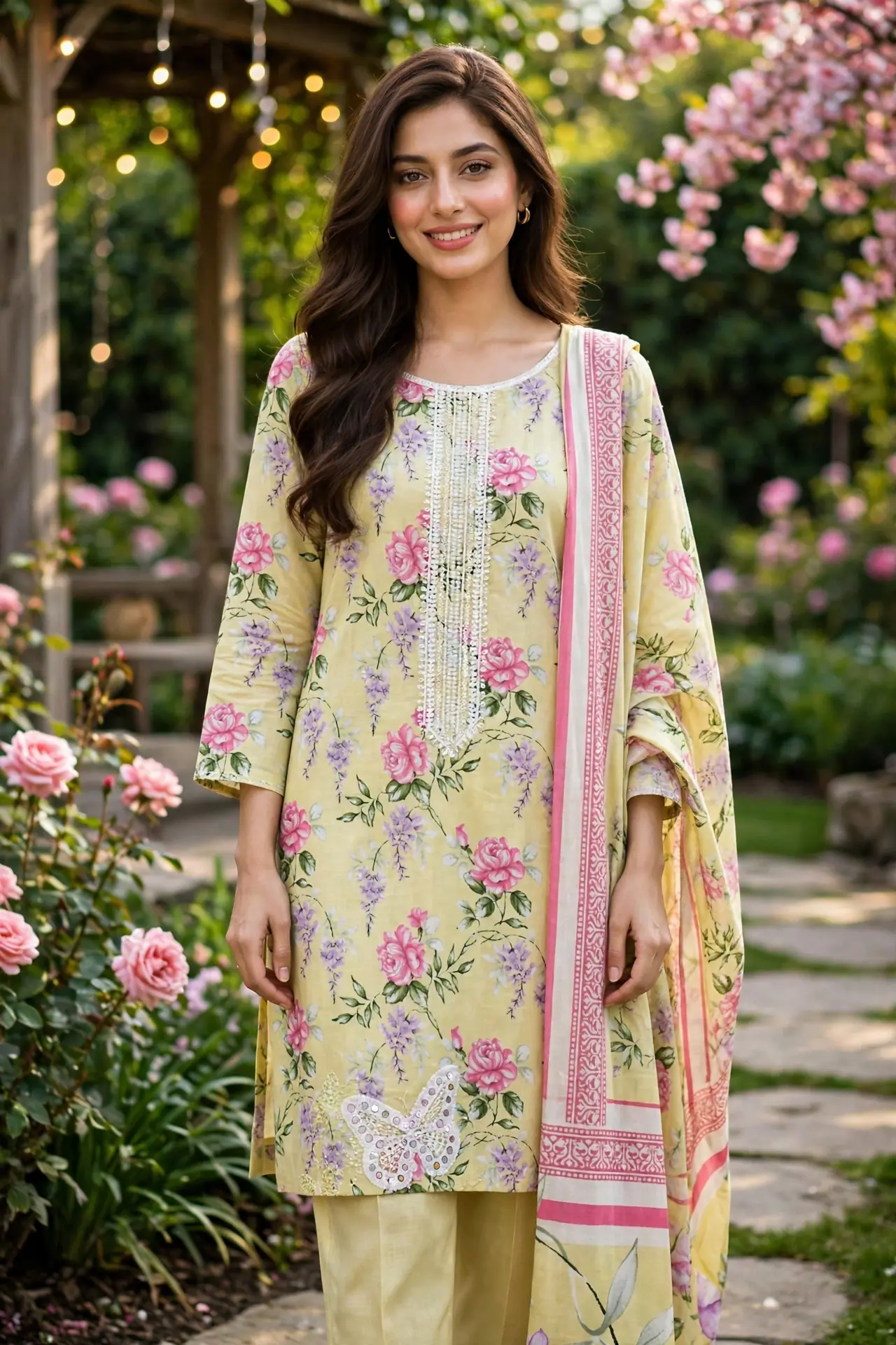 Urwa Collection 3piece Linen Suit 3PC Embroidered Digital Printed Linen Suit - Light Yellow Pink Floral with White Butterfly Lace Embroidery and White Sequin Neckline and Striped Linen Dupatta