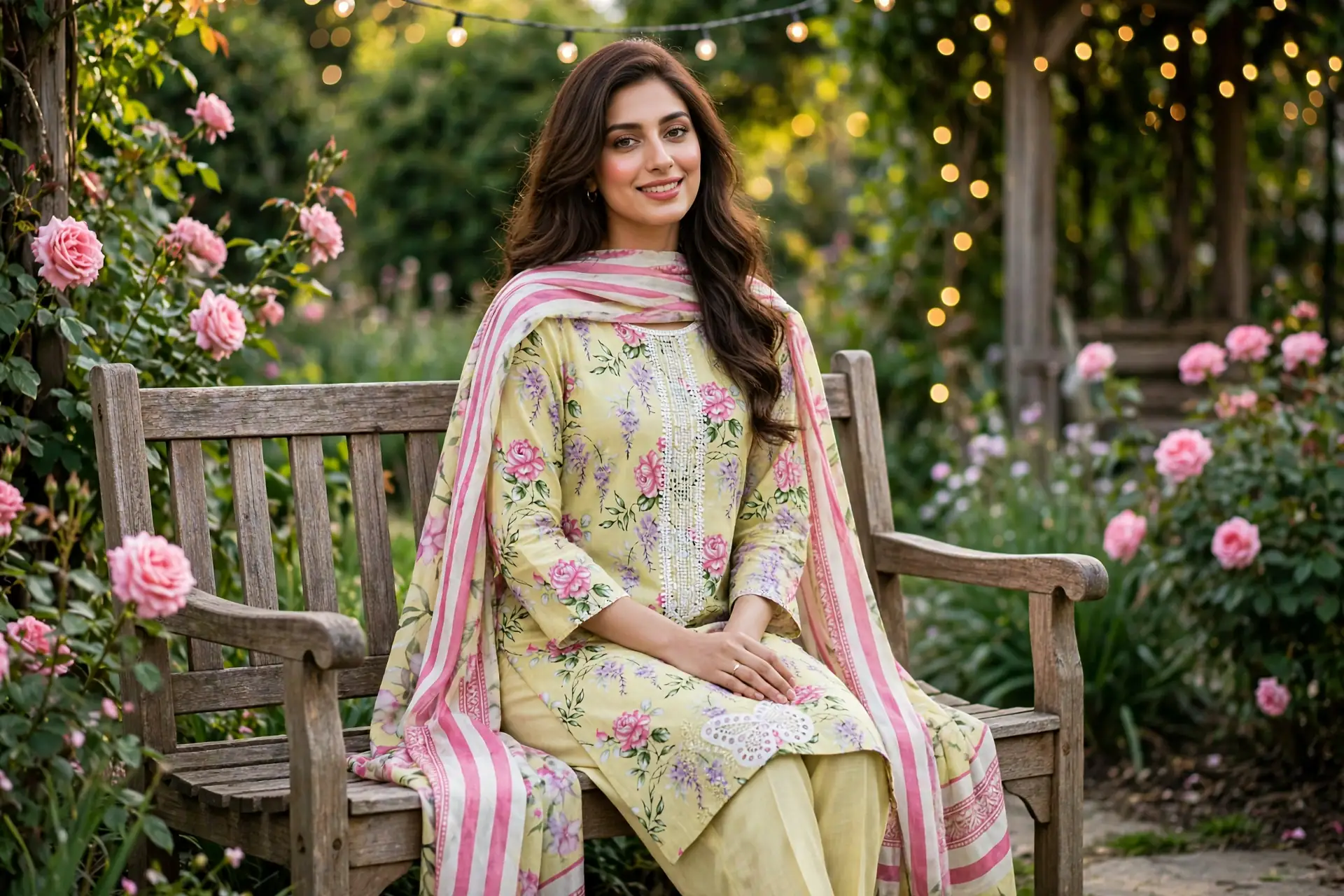 Urwa Collection 3piece Linen Suit 3PC Embroidered Digital Printed Linen Suit - Light Yellow Pink Floral with White Butterfly Lace Embroidery and White Sequin Neckline and Striped Linen Dupatta