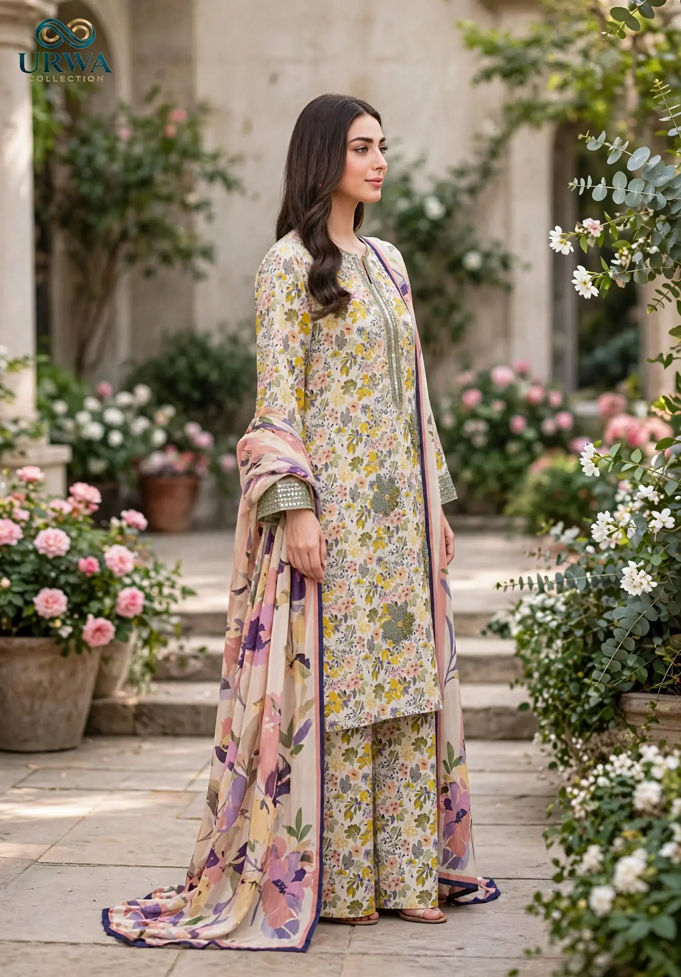 Urwa Collection 3Piece Linen Suit Embroidered Digital Printed Linen Suit for Women - Cream Yellow Multi Floral Print with Sequin Embroidered Neckline and Linen Dupatta