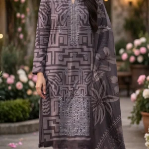 Urwa Collection 3Piece Linen Suit Embroidered Digital Printed Linen Suit for Women - Grey Black Multi Floral Print with Sequin Embroidered Neckline and Linen Dupatta
