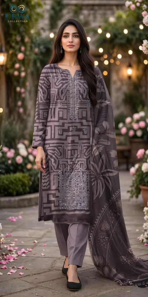 Urwa Collection 3Piece Linen Suit Embroidered Digital Printed Linen Suit for Women - Grey Black Multi Floral Print with Sequin Embroidered Neckline and Linen Dupatta