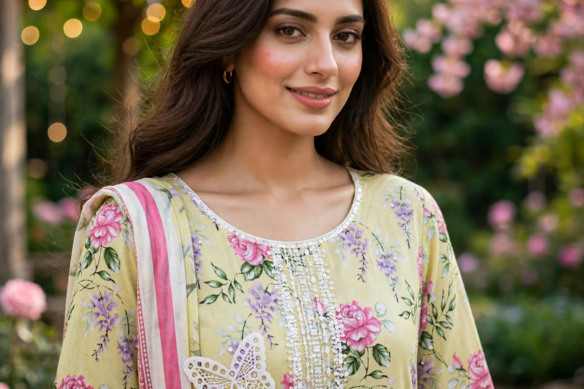 Urwa Collection 3piece Linen Suit 3PC Embroidered Digital Printed Linen Suit - Light Yellow Pink Floral with White Butterfly Lace Embroidery and White Sequin Neckline and Striped Linen Dupatta