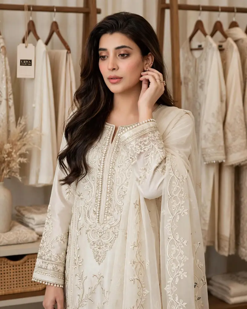 URWA Collection ivory embroidered pret dress elegance - luxury formal pret wear for women pakistan