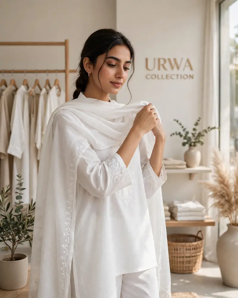 URWA Collection white pret dupatta draping style - casual everyday pret wear Pakistan