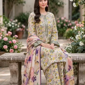 Urwa Collection 3Piece Linen Suit Embroidered Digital Printed Linen Suit for Women - Cream Yellow Multi Floral Print with Sequin Embroidered Neckline and Linen Dupatta