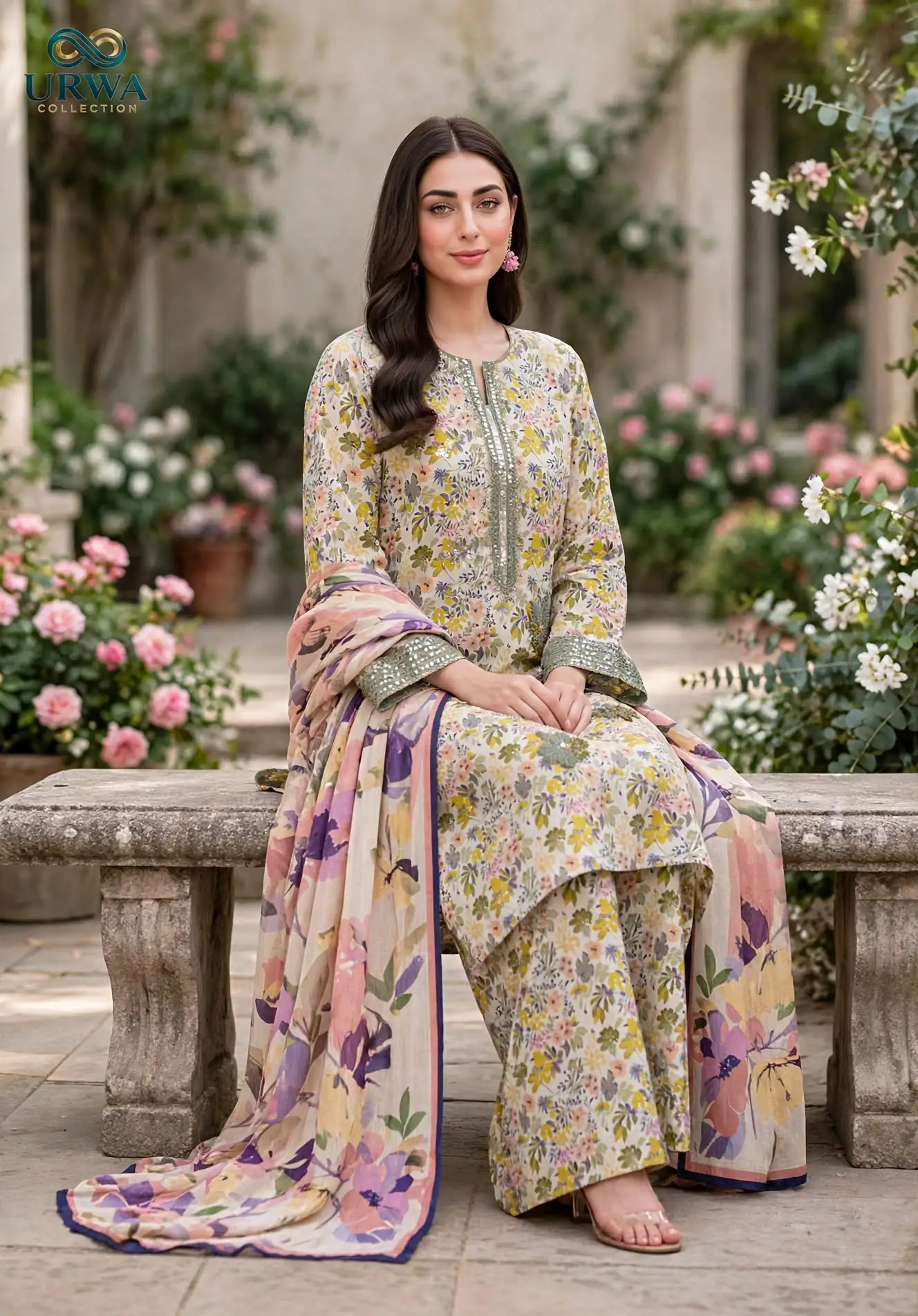 Urwa Collection 3Piece Linen Suit Embroidered Digital Printed Linen Suit for Women - Cream Yellow Multi Floral Print with Sequin Embroidered Neckline and Linen Dupatta