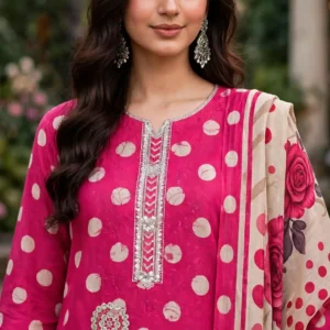 Urwa Collection 3Piece Linen Suit Embroidered Digital Printed Linen Suit for Women - Pink Multi Floral Print with Sequin Embroidered Neckline and Linen Dupatta