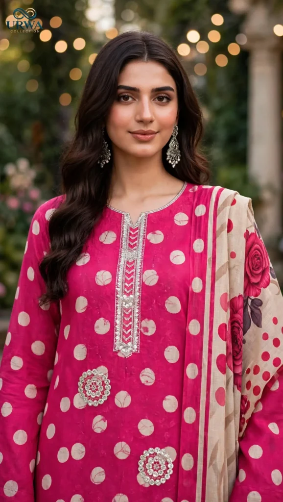 Urwa Collection 3Piece Linen Suit Embroidered Digital Printed Linen Suit for Women - Pink Multi Floral Print with Sequin Embroidered Neckline and Linen Dupatta