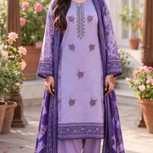 Urwa Collection 3Piece Linen Suit 3PC Embroidered Digital Printed Linen Suit for Women - Lavender Purple Floral with Sequin Embroidered Neckline and Dark Purple Printed Linen Dupatta