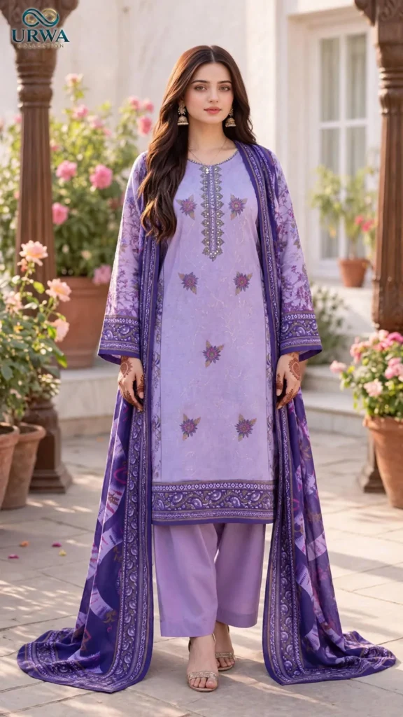 Urwa Collection 3Piece Linen Suit 3PC Embroidered Digital Printed Linen Suit for Women - Lavender Purple Floral with Sequin Embroidered Neckline and Dark Purple Printed Linen Dupatta