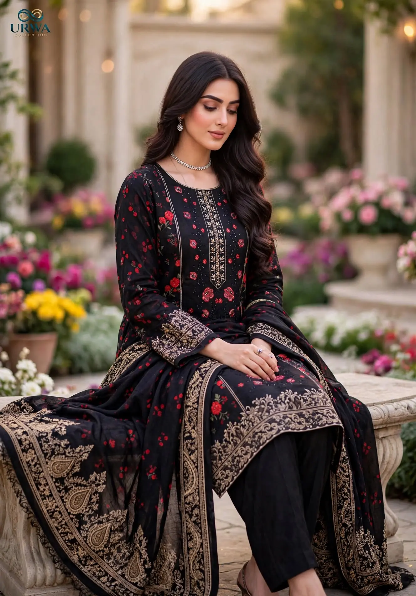 Urwa Collection 3Piece Linen Suit Embroidered Digital Printed Linen Suit for Women - Black Red Floral Rose Print with Gold Sequin Embroidered Neckline and Paisley Border Linen Dupatta