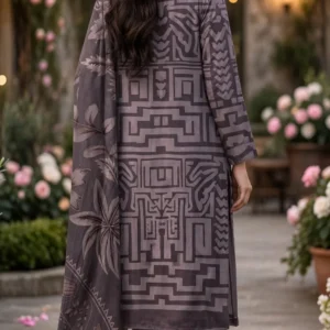 urwa-collection-ladies-3pc-linen-suit-smoky-grey-geometric-digital-print-back-view-floral-dupatta Urwa Collection 3Piece Linen Suit Embroidered Digital Printed Linen Suit for Women - Grey Black Multi Floral Print with Sequin Embroidered Neckline and Linen Dupatta