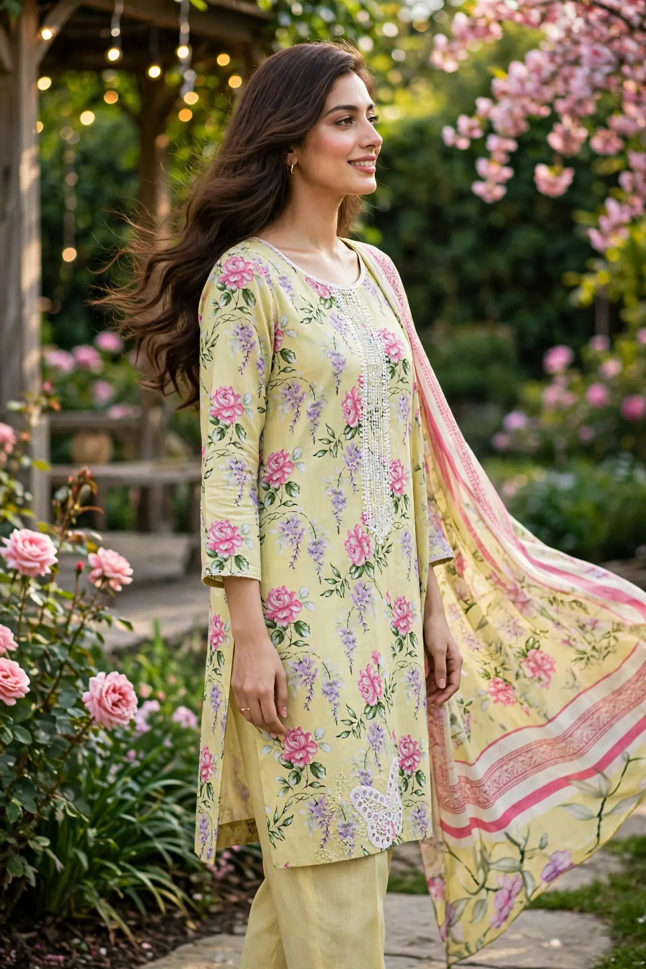 Urwa Collection 3piece Linen Suit 3PC Embroidered Digital Printed Linen Suit - Light Yellow Pink Floral with White Butterfly Lace Embroidery and White Sequin Neckline and Striped Linen Dupatta
