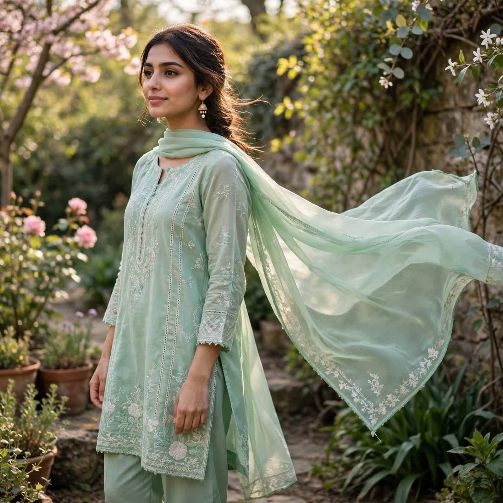 Urwa Collection summer lawn collection featuring a model wearing a light printed three-piece lawn dress