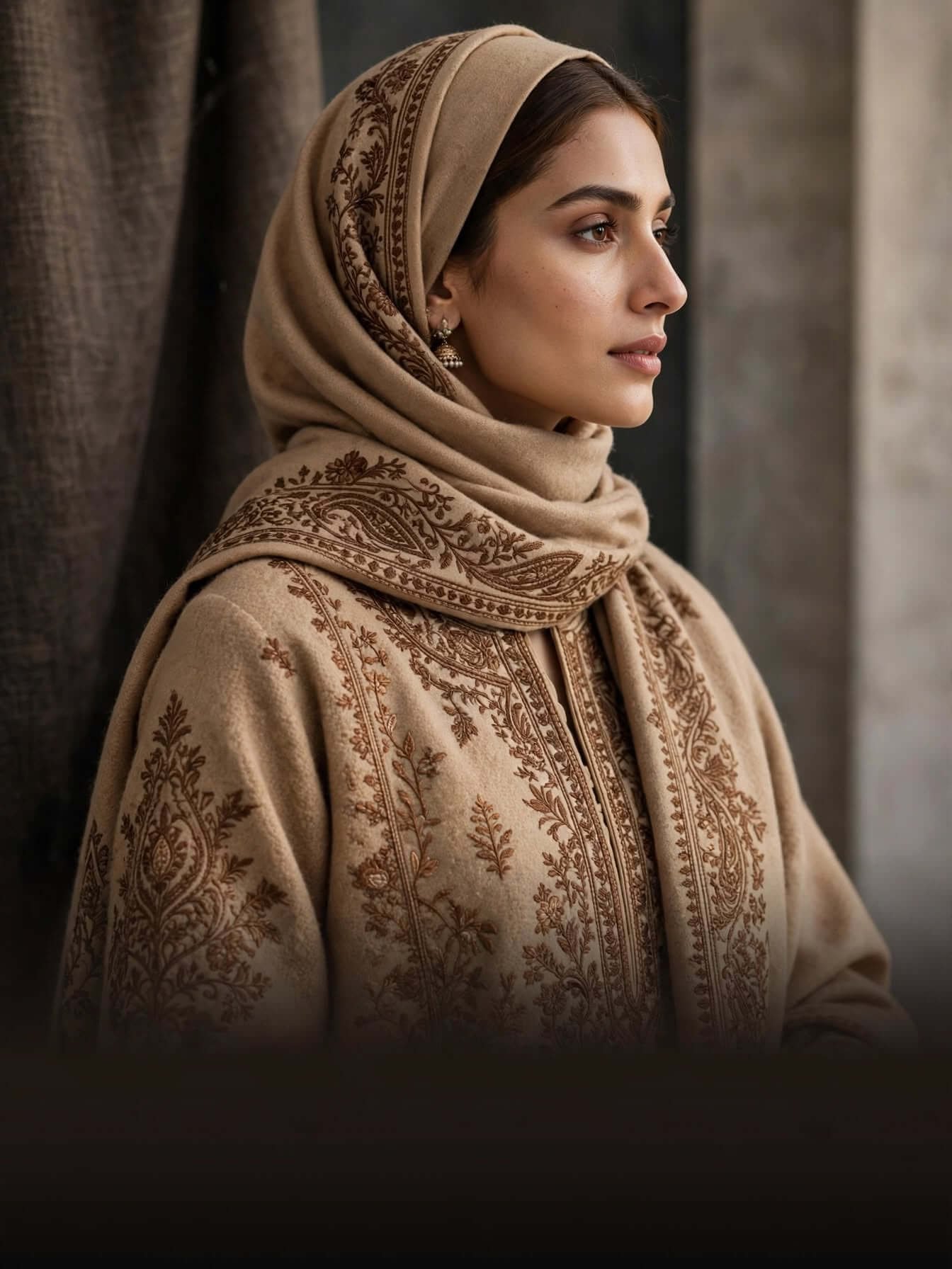 Urwa Collection winter clothing collection featuring a model wearing a warm embroidered winter dress