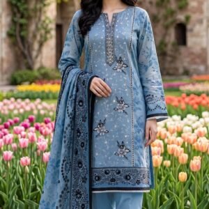urwa-collection-winter-linen-embroidered-3pc-sky-blue-floral-standing-full-05 Sky blue floral embroidered linen 3 piece suit with linen dupatta and pure linen trouser - winter collection - Urwa Collection Pakistan