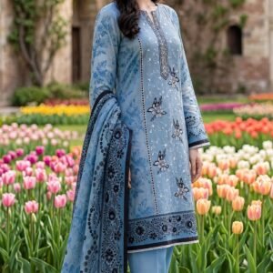 Sky blue floral embroidered linen 3 piece suit with linen dupatta and pure linen trouser - winter collection - Urwa Collection Pakistan
