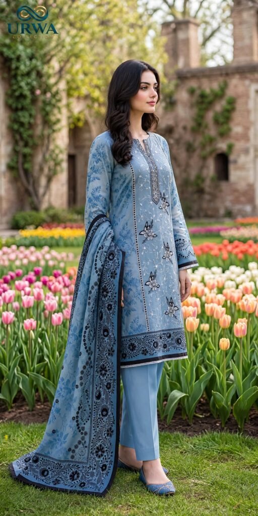 Sky blue floral embroidered linen 3 piece suit with linen dupatta and pure linen trouser - winter collection - Urwa Collection Pakistan