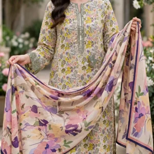 Urwa Collection 3Piece Linen Suit Embroidered Digital Printed Linen Suit for Women - Cream Yellow Multi Floral Print with Sequin Embroidered Neckline and Linen Dupatta