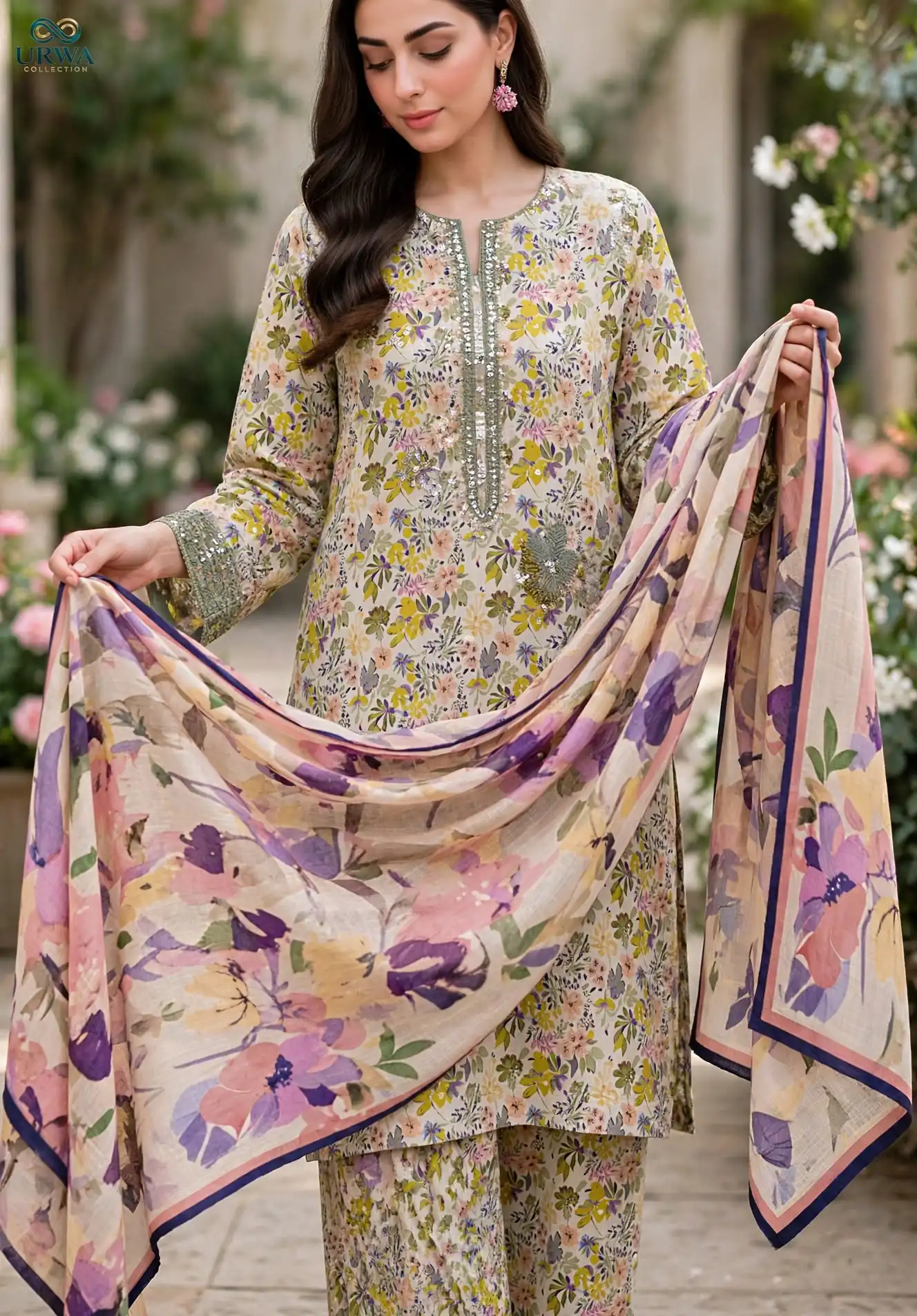 Urwa Collection 3Piece Linen Suit Embroidered Digital Printed Linen Suit for Women - Cream Yellow Multi Floral Print with Sequin Embroidered Neckline and Linen Dupatta