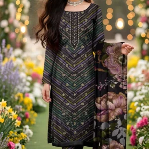 Urwa Collection 3Piece Linen Suit Embroidered Digital Printed Linen Suit - Black Multicolor Chevron Zigzag with Sequin Embroidery and Big Brown Floral Printed Linen Dupatta