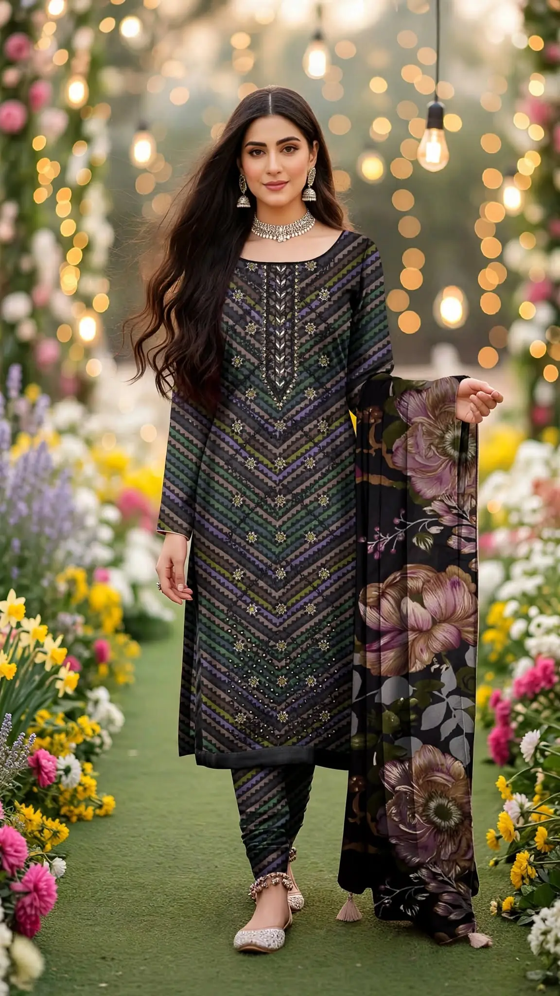 Urwa Collection 3Piece Linen Suit Embroidered Digital Printed Linen Suit - Black Multicolor Chevron Zigzag with Sequin Embroidery and Big Brown Floral Printed Linen Dupatta