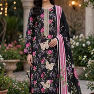 Urwa Collection Women 3-Piece-Linen-Suit Black Linen Suit with Pink Floral Digital Print, Sequins Embroidered Neckline, Butterfly Lace Patch Work and Printed Linen Dupatta