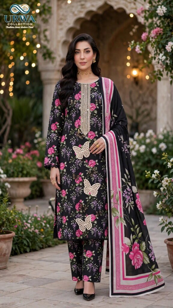 Urwa Collection Women 3-Piece-Linen-Suit Black Linen Suit with Pink Floral Digital Print, Sequins Embroidered Neckline, Butterfly Lace Patch Work and Printed Linen Dupatta