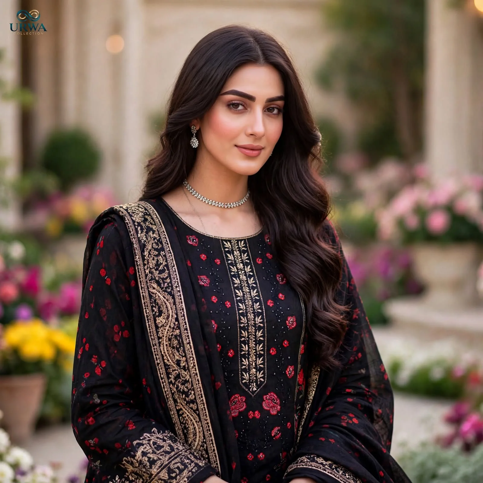 Urwa Collection 3Piece Linen Suit Embroidered Digital Printed Linen Suit for Women - Black Red Floral Rose Print with Gold Sequin Embroidered Neckline and Paisley Border Linen Dupatta