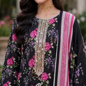 urwa-collection-women-black-linen-3-piece-suit-sequins-embroidered-neckline-closeup-view